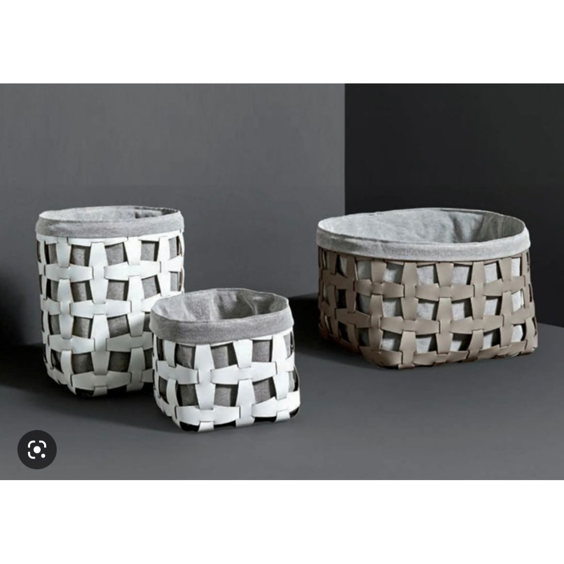 Pinetti_leather_and_fabric_Basket_set_Big_Hook white and taupe