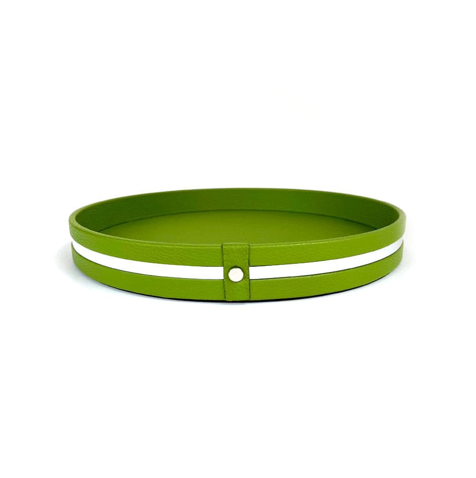 Pinetti_leather_tray_Venere_green with silver detailing 35 cm dia.