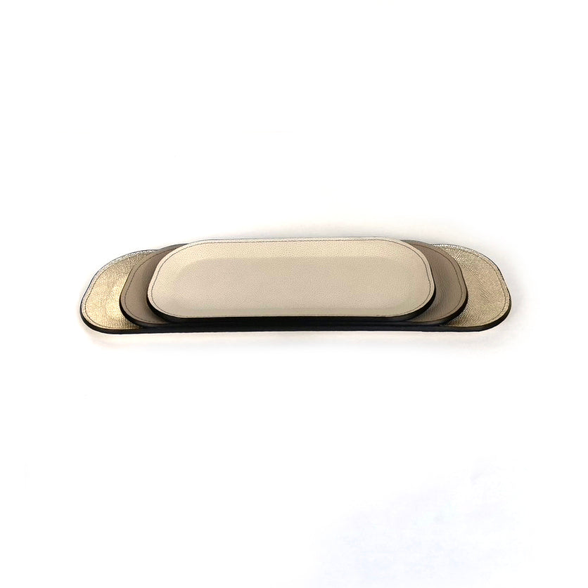 Pinetti_small oval leather_trays_Victor set stacked platinum_ taupe and off-white